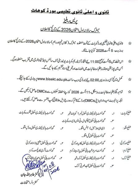 BISE Kohat Result 2026 9th & 10th Class Check by Roll Number